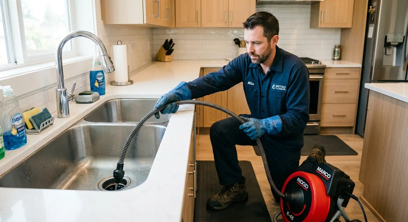 Drain cleaning technician using a motorized snake on a kitchen sink in Broadview Park