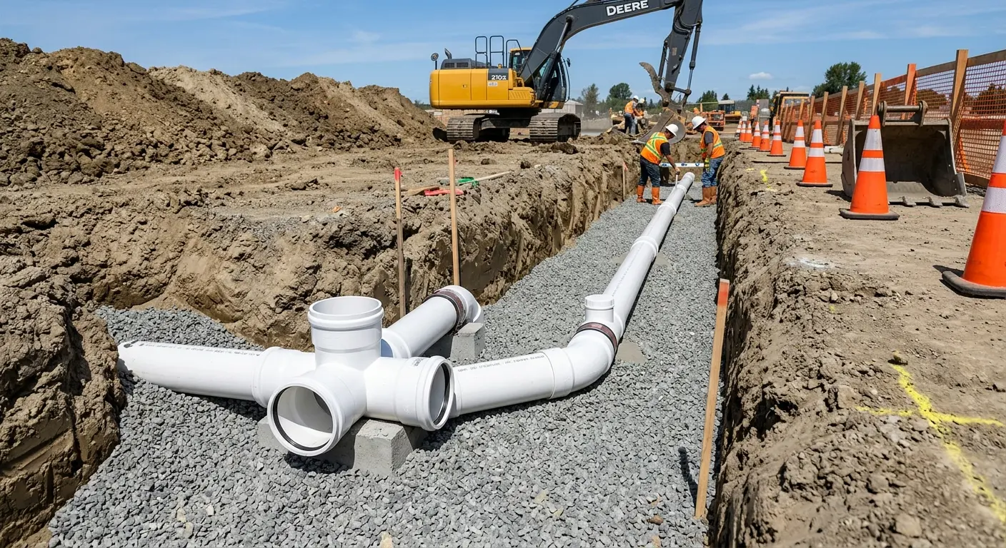 New PVC sewer pipe installation in open trench for Grease Trap Cleaning in Broadview Park