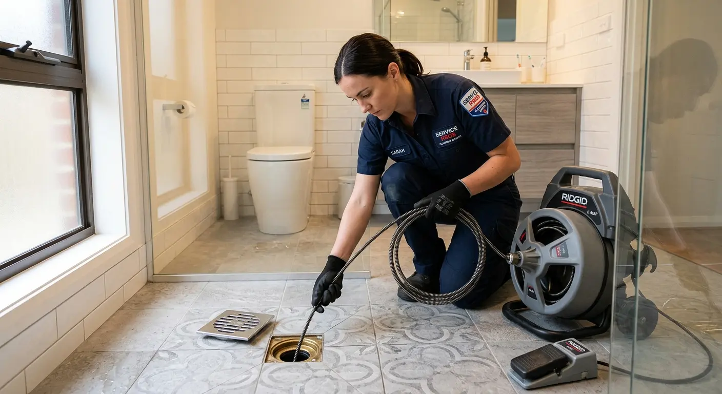 Technician clearing a bathroom floor drain for Drain Cleaning in Broadview Park